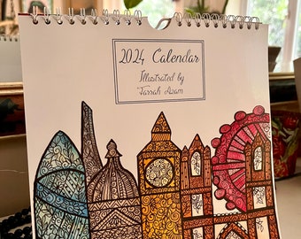 Illustrated  2024 calendar- Artistic, watercolour, planner, colouring pages