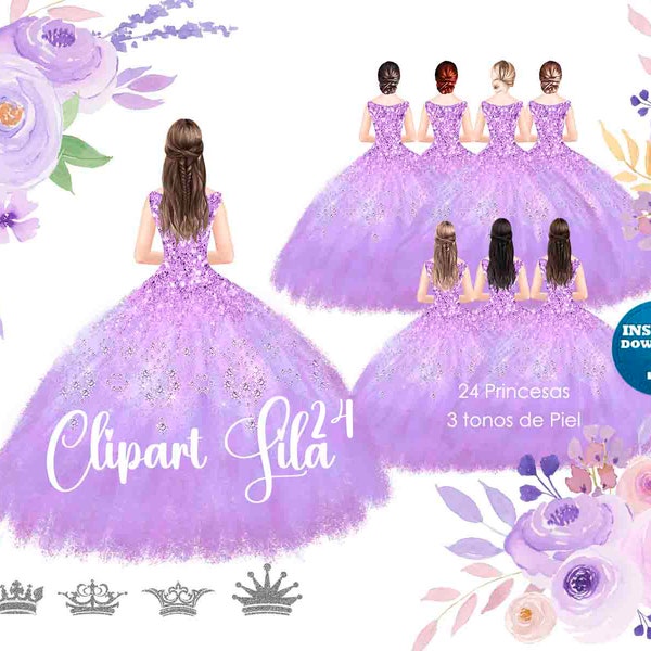Clipart 24 princesa vestido lila, 5 crown plata. 3 Bouquet, fondo transparente, descarga instantanea. Uso Libre. DRESS100.5
