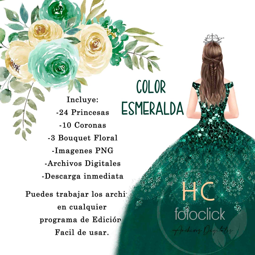 Clipart Quinceañera Verde Esmeralda 24 Princes 3 Bouquet - Etsy México