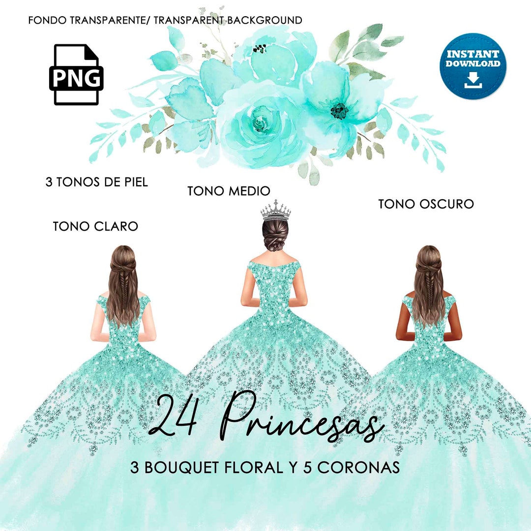 Mint Quinceanera Dress Clipart, Mint XV Years Dress, 24 Images, 3 Florals and 5 Crowns Etsy