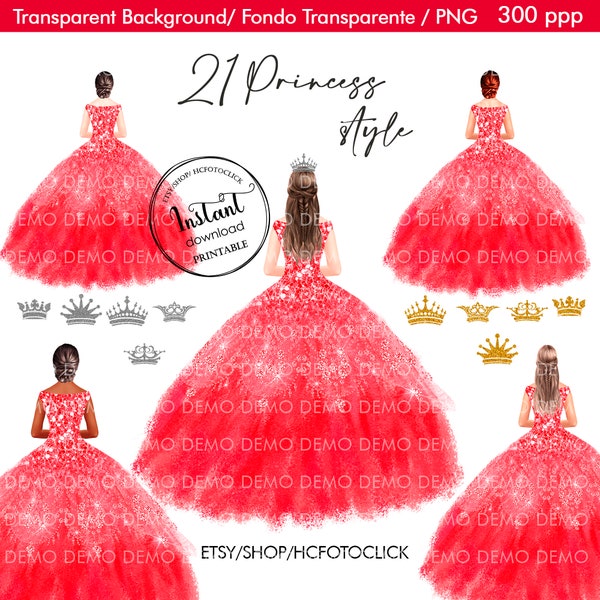 Red Princess Dress Clipart, Quinceañera Red Dress Clipart, Transparent background.Silver&gold crown.DRESS100