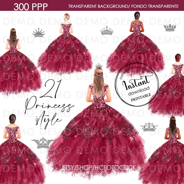 Clipart de robe de vin de Quinceañera, Clipart de robe de vin de princesse, couronne d'or et d'argent, fond transparent. ROBE100.2