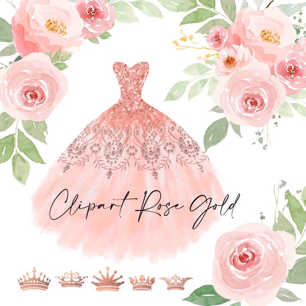 Rose Gold Dress Clipart, Blush Dress, 3 Floral Bouquet, 300 dpi, transparent background, Quinceanera, Graduation, Bride.