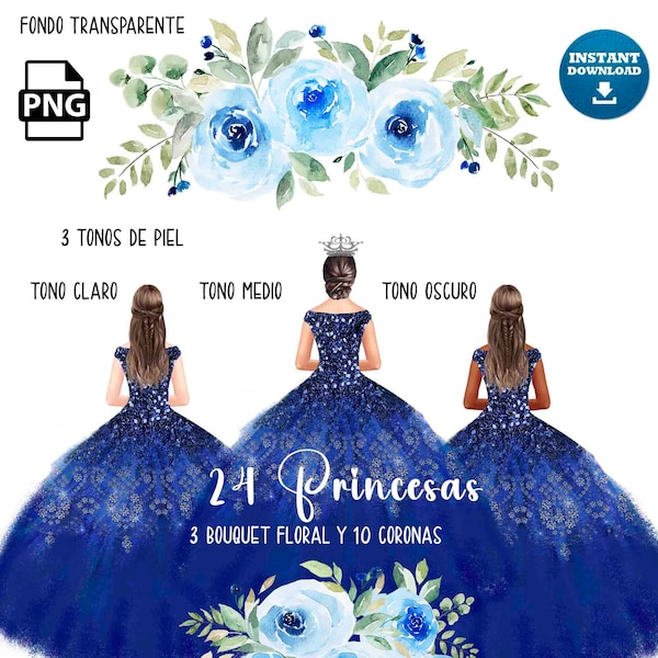 Clipart Vestido Azul , 24 Princesas , 3 Bouquet Floral y 10 coronas, fondo transparente, png, 300 ppp