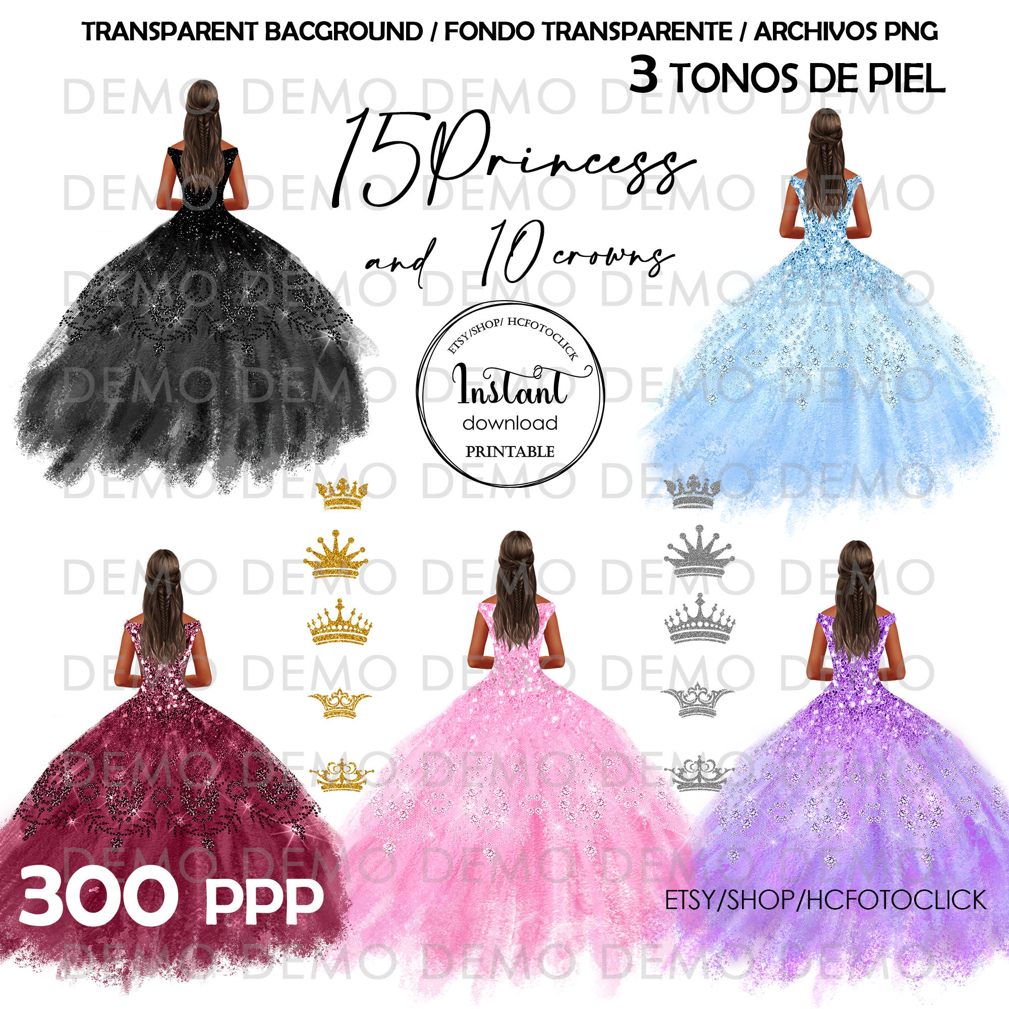 Clipart Quinceañera, varios colores de vestido, 15 Princess, piel oscuro, medio y blanco, 15