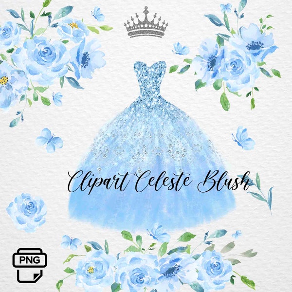 Clipart Vestido Azul Blush, 3 Bouquet Floral y 5 Coronas. Fondo Transparente, PNG, Dress Blue Blush