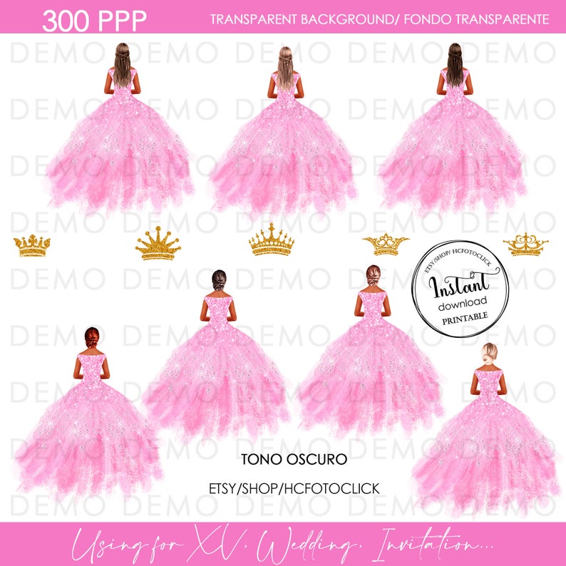 Pink Quinceañera Dress Clipart, Princess Pink Dress Clipart, Gold and ...
