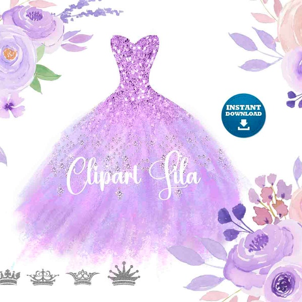 Clipart Vestido Lila, 3 Bouquet Floral, 5 coronas 300 ppp, fondo transparente, Quinceañera, Graduación, Novia.