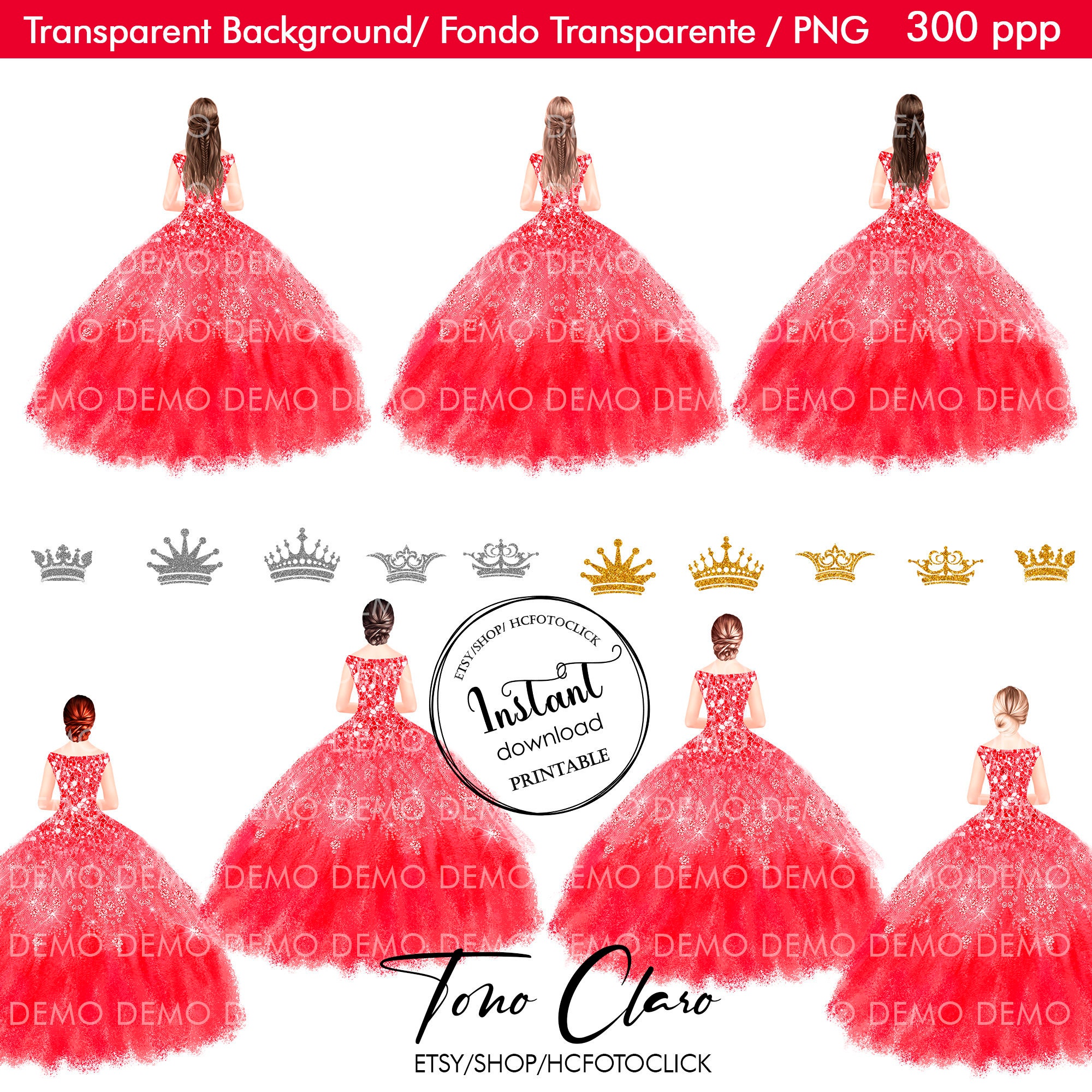 Red Princess Dress Clipart, Red Quinceanera Dress Clipart, Transparent