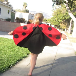 May include: A child wearing a red and black ladybug costume with black spots. The costume has wings and is made of felt.