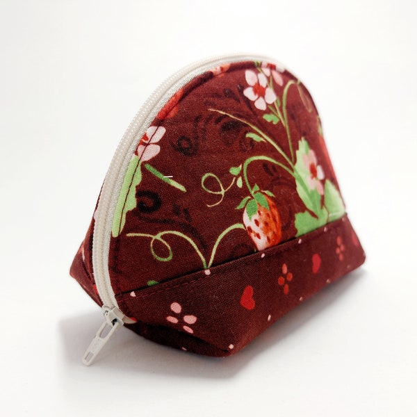 Strawberry and Hearts Dumpling Zipper Pouch - Wide Opening Cosmetic Bag - Clamshell Pouch - Zipper Bag