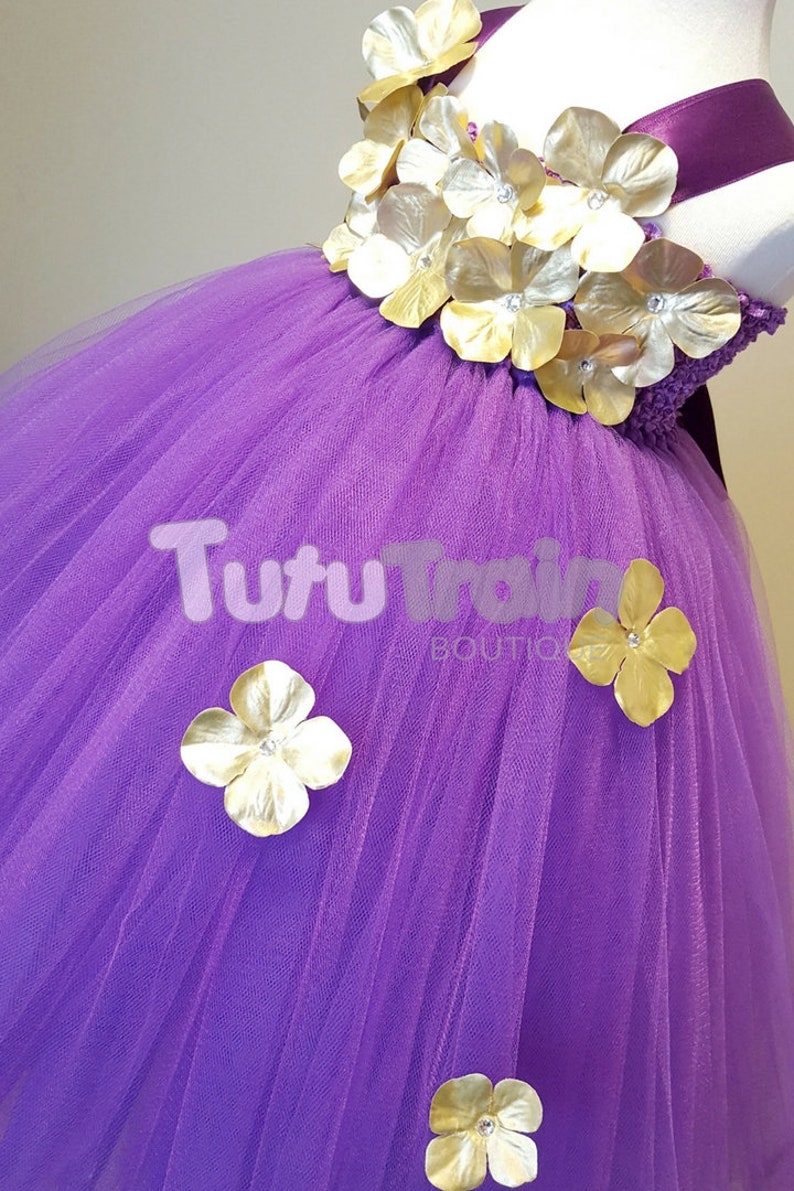 purple and gold flower girl dresses