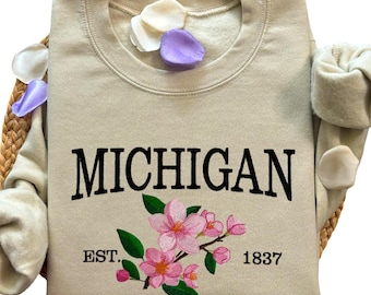 Embroidered Michigan Apple Blossom State Sweatshirt, Custom US State Flower Embroidery Crewneck, Michigan Est. 1837 Gift shirt, Gift for