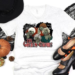Golden Girls Halloween Women&#39;s V Neck Shirt,  Golden Ghouls Halloween Funny Tees, Mom Halloween Shirts, Cute Fall Clothing, 90s Sitcom Shirt