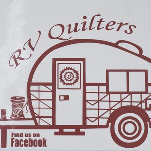 May include: A red and white RV camper decal with the text "RV Quilters" and "Find us on Facebook".