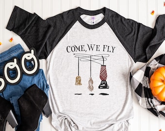 BOMYTAO Women's "Come We Fly" Halloween T-Shirt - Hocus Pocus Sanderson Sisters Theme, 3/4 Sleeve