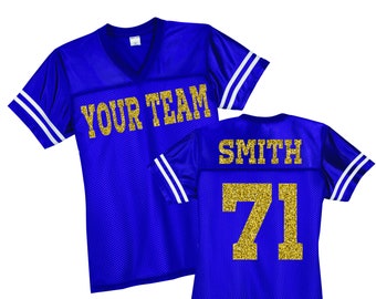 Your Team Custom Football Jersey, Personalized Glitter Spirit wear, Stadium Fan Jersey, Sports Team Replica Jersey, Womens Sports Shirts
