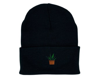 Aloe Plant Handmade Cuffed Knit Unisex Beanie, Plant Lover Embroidered Personalized Winter Adult Cap, Monogram Beanies for Women, Gift Ideas