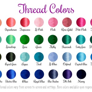 May include: A chart of thread colors with names for each color. The colors are arranged in rows and columns. The colors include coral, pink, green, blue, and purple.