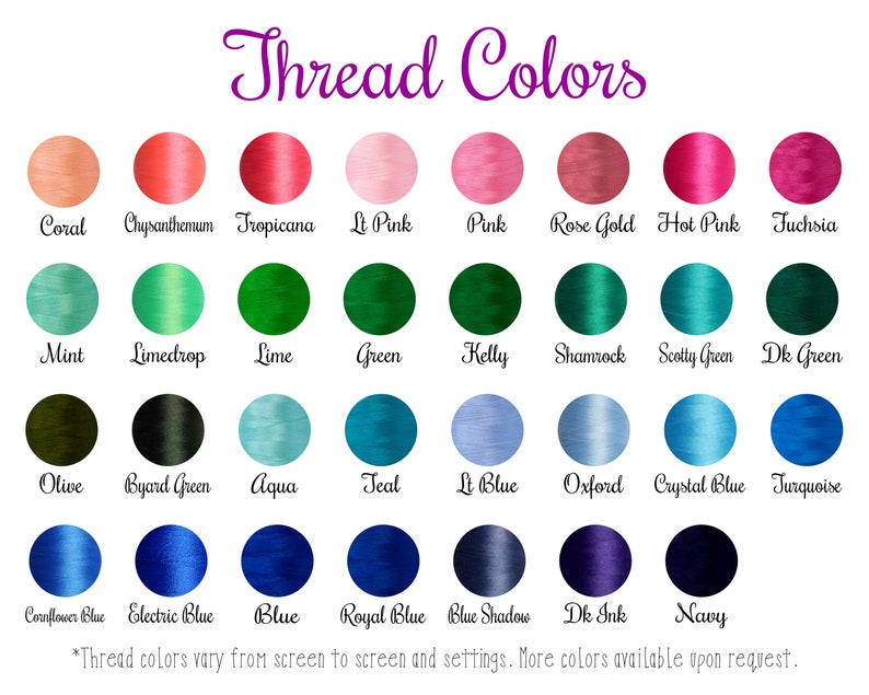 May include: A chart of thread colors with names for each color. The colors are arranged in rows and columns. The colors include coral, pink, green, blue, and purple.