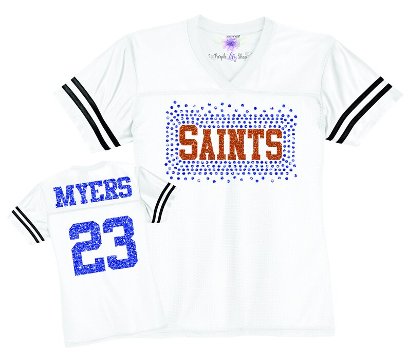 Custom Team Jersey, Personalized Spirit Wear, Stadium Fan Apparel, School Replica Jersey, Womens Sports Shirts, Saints Catholic Embroidery White Jersey
