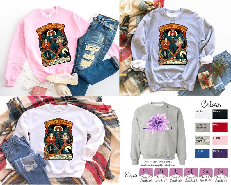 Pu&ograve; includere: Una felpa bianca, rosa e grigia con una grafica in stile vintage delle sorelle Sanderson del film Hocus Pocus. La grafica presenta il testo "The Sanderson Sisters" e "I Put A Spell On You". La felpa &egrave; disponibile nelle taglie dalla S alla 3XL.