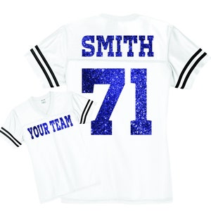 Your Team Custom Football Jersey, Personalized Glitter Spirit wear, Stadium Fan Jersey, Sports Team Replica Jersey, Womens Sports Shirts