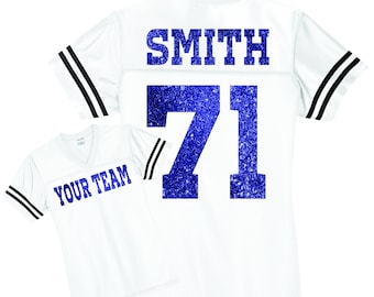 Your Team Custom Football Jersey, Personalized Glitter Spirit wear, Stadium Fan Jersey, Sports Team Replica Jersey, Womens Sports Shirts