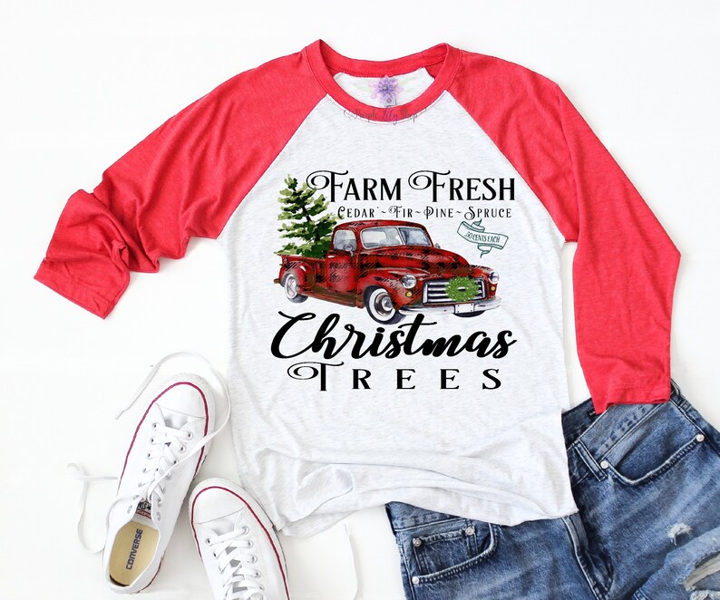 Merry Christmas Red Buffalo Plaid V Neck Farm Fresh Vintage Buffalo Plaid Truck Raglan Unisex Holiday Graphic Shirt Christmas Tree Shirt