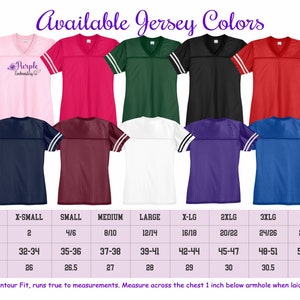 May include: A chart showing the available jersey colors and sizes for a women's football jersey. The jersey has white stripes on the sleeves. The colors are pink, hot pink, green, black, white, purple, blue, red, and navy. The sizes are X-Small, Small, Medium, Large, X-Large, 2X-Large, 3X-Large, and 4X-Large. The bust measurements are listed in inches, and the length measurements are listed in inches.