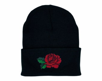 Red Rose Embroidered Winter Hat, Rose Embroidery Beanie, Cuffed Knit Unisex Beanie, Personalized Name Winter Adult Cap, Custom Gift Ideas