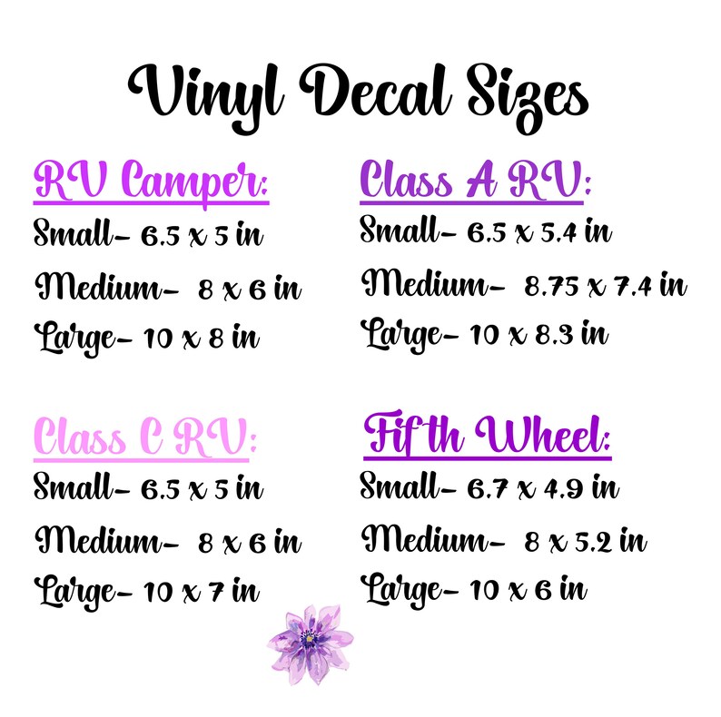 May include: A chart listing different RV types and their corresponding vinyl decal sizes in inches. The chart includes RV Camper, Class A RV, Class C RV, and Fifth Wheel. Each RV type has three sizes: Small, Medium, and Large.