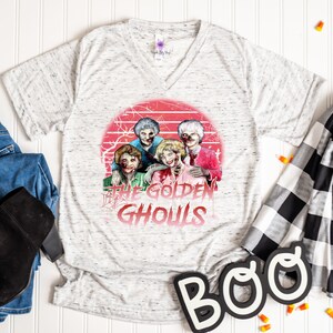 Golden Girls Halloween Women&#39;s V Neck Shirt,  Golden Ghouls Halloween Funny Tees, Mom Halloween Shirts, Cute Fall Clothing, 90s Sitcom Shirt