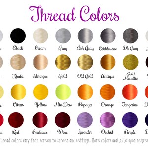 May include: A chart of thread colors with names for each color. The colors are arranged in rows and columns. The colors include white, black, cream, gray, ash gray, cobblestone, dark gray, silver metallic, beige, khaki, meringue, gold, old gold, antique, gold metallic, brown, maize, citrus, yellow, mint dew, papaya, orange, tangerine, devil red, poinsetta, red, bordeaux, wine, lavender, orchid, purple, and dark purple.