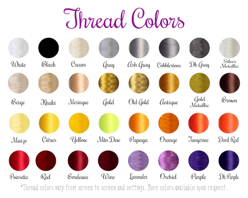 May include: A chart of thread colors with names for each color. The colors are arranged in rows and columns. The colors include white, black, cream, gray, ash gray, cobblestone, dark gray, silver metallic, beige, khaki, meringue, gold, old gold, antique, gold metallic, brown, maize, citrus, yellow, mint dew, papaya, orange, tangerine, devil red, poinsetta, red, bordeaux, wine, lavender, orchid, purple, and dark purple.