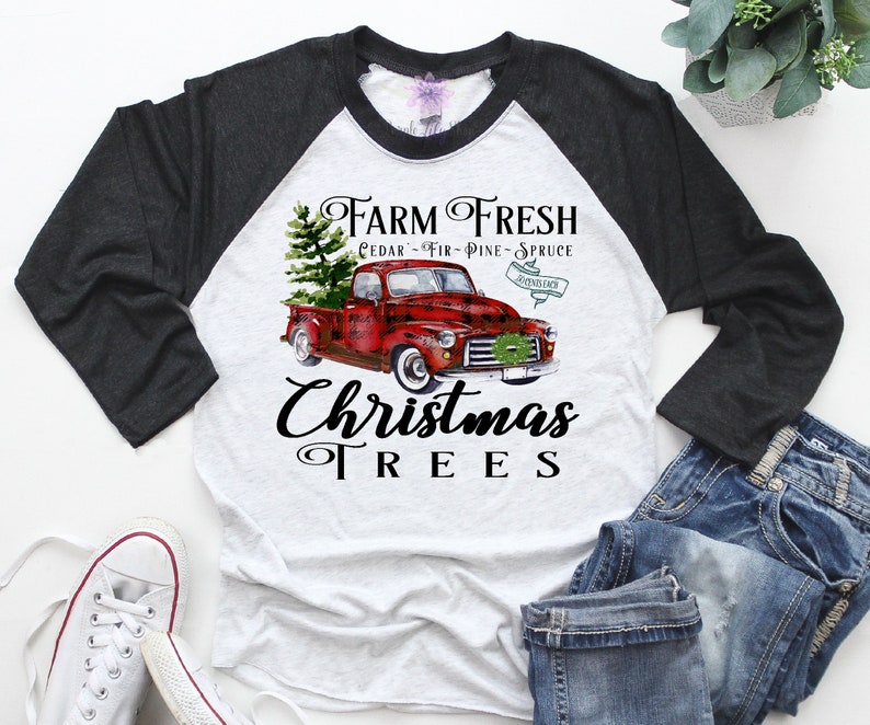 Merry Christmas Red Buffalo Plaid V Neck Farm Fresh Vintage Buffalo Plaid Truck Raglan Unisex Holiday Graphic Shirt Christmas Tree Shirt