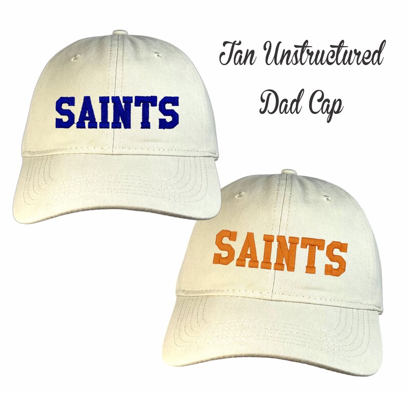 Custom Team Jersey, Personalized Spirit Wear, Stadium Fan Apparel, School Replica Jersey, Womens Sports Shirts, Saints Catholic Embroidery Tan Dad Cap