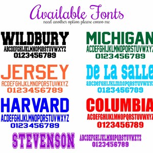 May include: A graphic design image showing different font styles with the words "Available Fonts" at the top. The fonts are in various colors and include "Wildbury", "Michigan", "Jersey", "De La Salle", "Harvard", "Columbia", and "Stevenson".