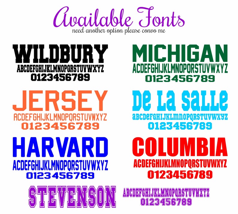 May include: A graphic design image showing different font styles with the words "Available Fonts" at the top. The fonts are in various colors and include "Wildbury", "Michigan", "Jersey", "De La Salle", "Harvard", "Columbia", and "Stevenson".