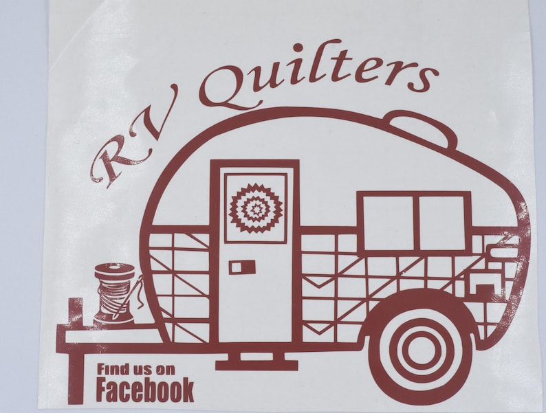 May include: A red and white RV camper decal with the text "RV Quilters" and "Find us on Facebook".