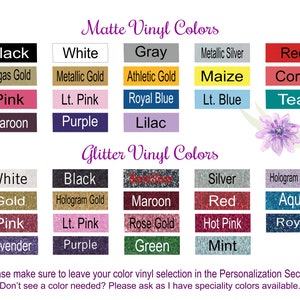 May include: A chart of matte and glitter vinyl colors for crafting projects. The chart includes colors like black, white, gray, red, pink, blue, green, gold, silver, and more.