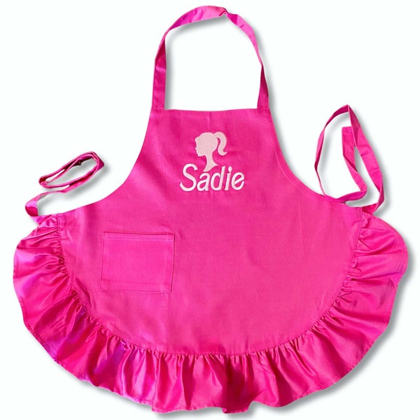 Girls Vintage Barbie Apron, Customized Name Child Smock, Personalized Apron, Custom Embroidery Art Apron for Kids, Pink Ruffle Girls Apron,