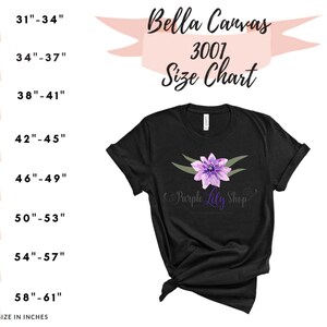 Pu&ograve; includere: Tabella delle taglie Bella Canvas 3001 per t-shirt, che mostra le misure del petto in pollici da XS (31-34 pollici) a 4XL (58-61 pollici).
