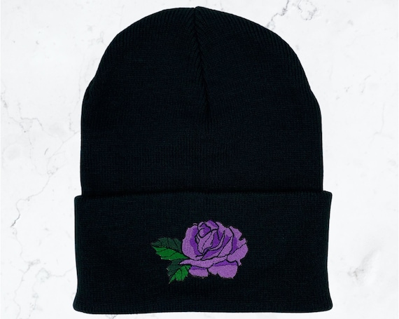 Purple Rose Winter Beanie, Rose Embroidery Hat, Flower Embroidered Beanie, Personalized Name Adult Knit Cap, Custom Gift Ideas for Women