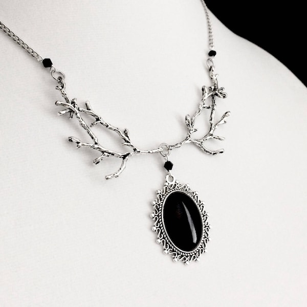 Black Cameo Necklace, Branch Necklace, Gothic Jewelry, Witchy Jewelry, Gothic Necklace, Forest Necklace, Black Agate, Victorian Gothic