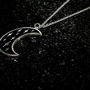 Silver and Black Cresent Moon Enamel Style Pendant with Star Design on a Stainless Steel Curb Chain (Choose Your Own Chain Length)