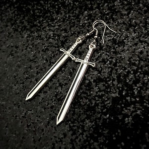 Silver Sword Earrings, Sword Jewelry, Gothic Jewelry, Grunge Earrings, Silver Swords, Medieval Swords, Claymore, Long Sword