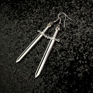 Silver Sword Earrings, Sword Jewelry, Gothic Jewelry, Grunge Earrings, Silver Swords, Medieval Swords, Claymore, Long Sword