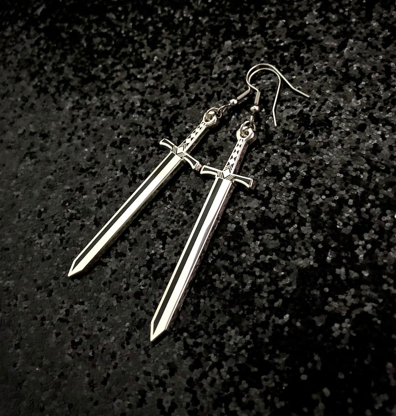 Silver Sword Earrings, Sword Jewelry, Gothic Jewelry, Grunge Earrings, Silver Swords, Medieval Swords, Claymore, Long Sword 