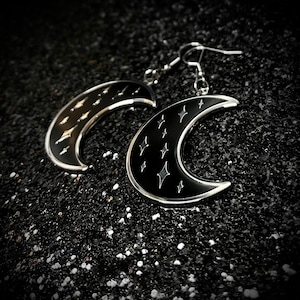 Black Starry Moon Earrings, Gothic Moon Earrings, Black Moon Earrings, Goth Jewelry, Moon Earrings, Witchy Jewelry, Gothic Jewellery, Witch